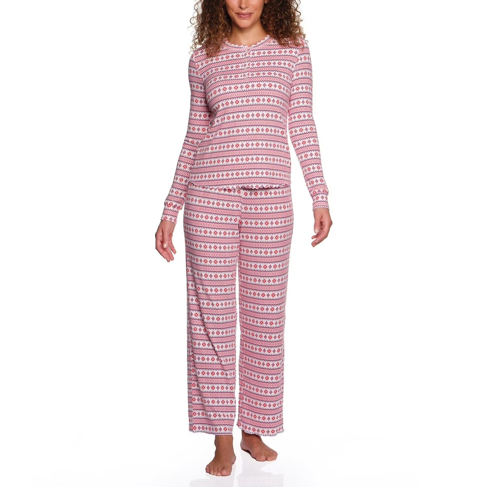 LOFT Womens 2-Piece Henley Pointelle Pajama Set Pink Red Fair Isle XL NWT